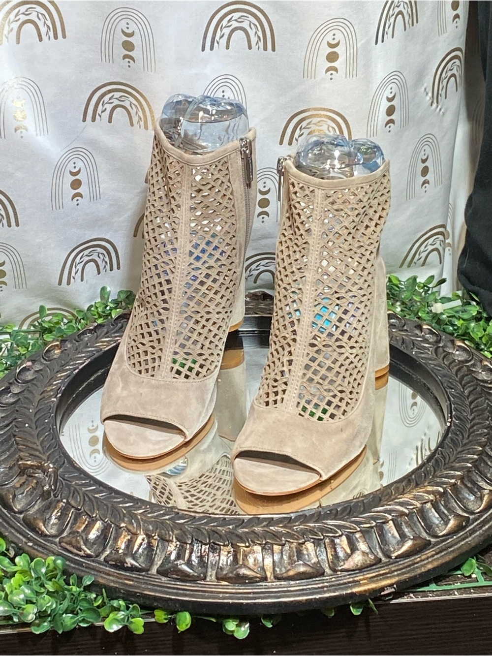 Vince Camuto Beige Suede Open-Toe Cutout Booties